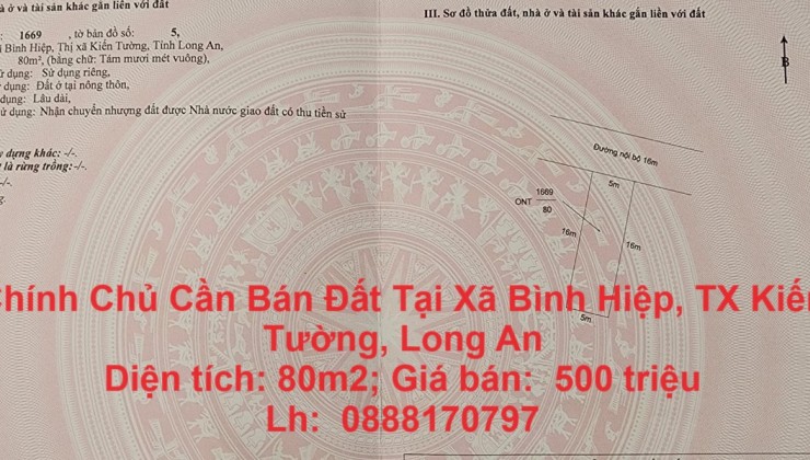 Chính Chủ Cần Bán Đất Đẹp Tại Xã Bình Hiệp, TX Kiến Tường, Long An